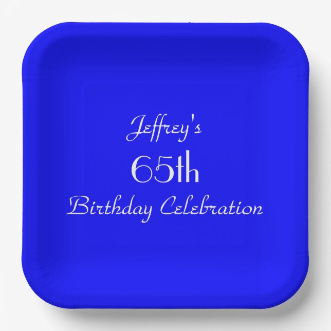 Bright Blue Minimalist, 65th Birthday Party Square Paper Plates (Front)