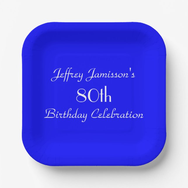 Bright Blue Minimalist 80th Birthday Party Square Paper Plates (Front)