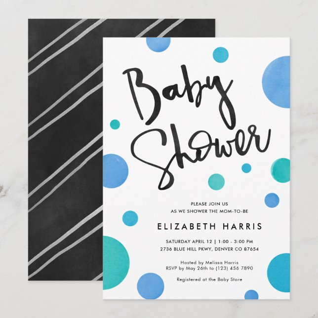 Bright Blue Modern Polka Dot Baby Shower Invitation (Front/Back)