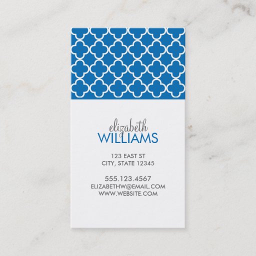 Customizable Bright Blue Morrocan Quatrefoil Pattern Business Card
