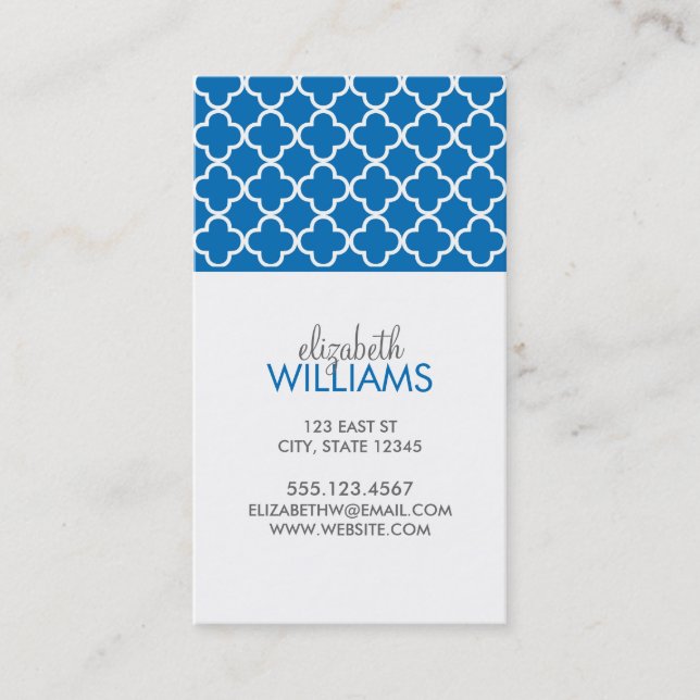 Bright Blue Morrocan Quatrefoil Pattern Business Card (Front)