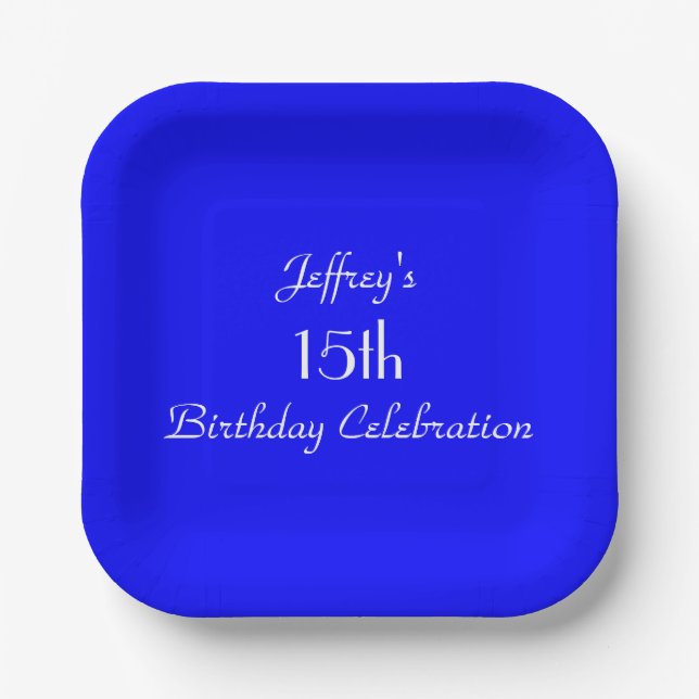 Bright Blue, Name, 15th Birthday Party Square Paper Plates (Front)