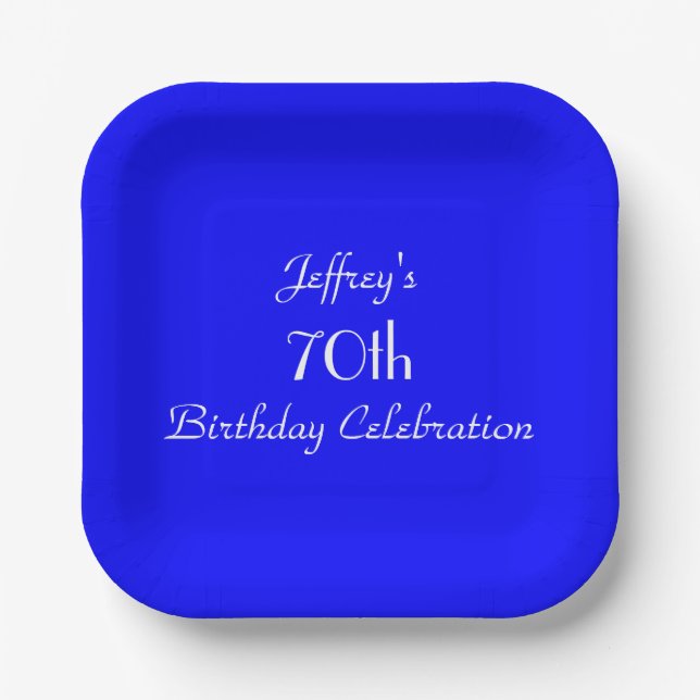 Bright Blue Name 70th Birthday Party Simple Square Paper Plates (Front)
