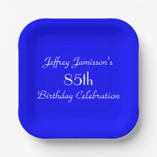 Bright Blue Name 85th Birthday Party Simple Square Paper Plates