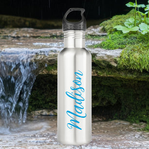 Bright Blue Name in Handwritten Script Custom Stainless Steel Water Bottle