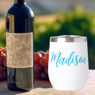 Bright Blue Name in Handwritten Script Custom Thermal Wine Tumbler