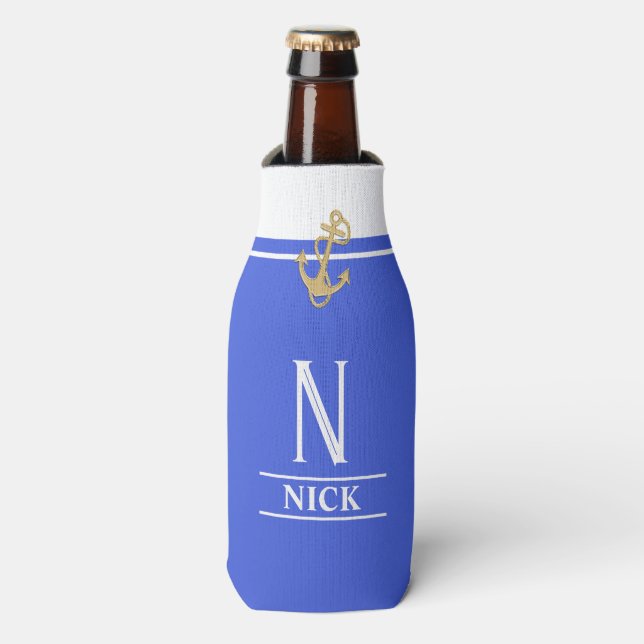 Bright Blue Nautical Monogrammed Bottle Cooler (Bottle Front)