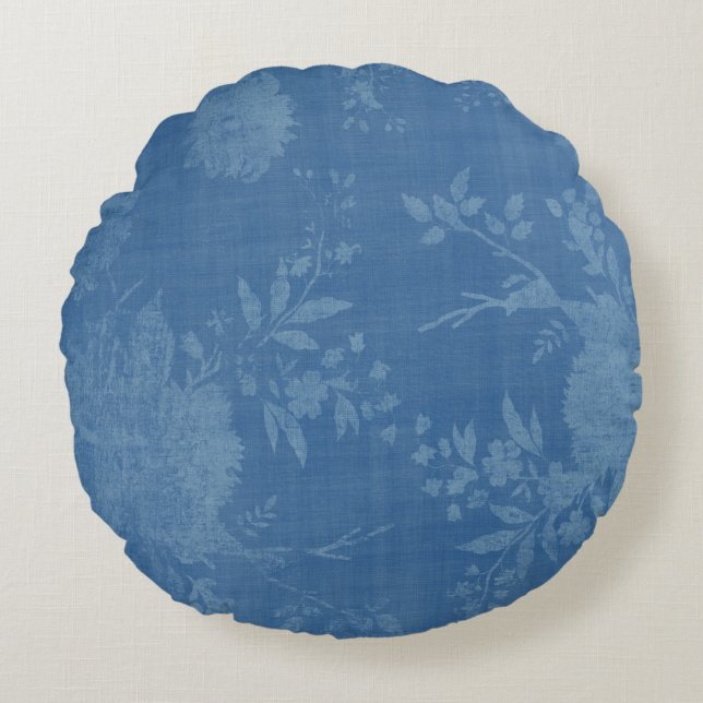 Bright Blue on Blue Floral Pattern Round Pillow (Front)