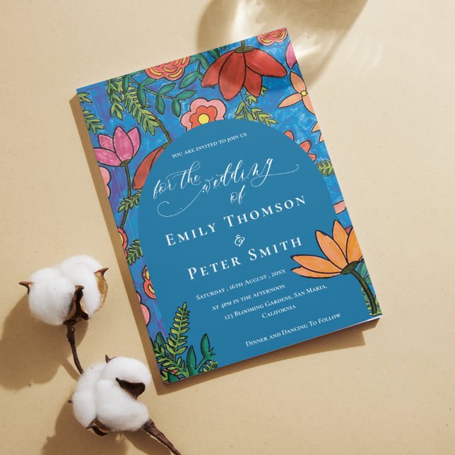 Bright Blue Orange Hand Drawn Floral Wedding Invitation (Bright Blue Orange Hand Drawn Floral Wedding Invitation)