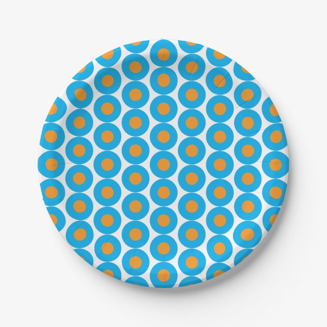 Bright Blue Orange Polka Dots Modern Funky Paper Plates (Front)