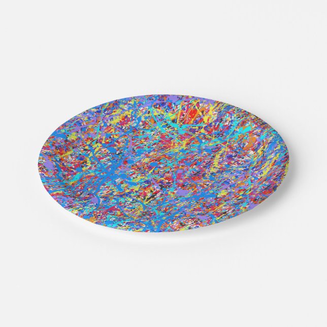 Bright Blue Paint Splatter Abstract Paper Plates (Angled)