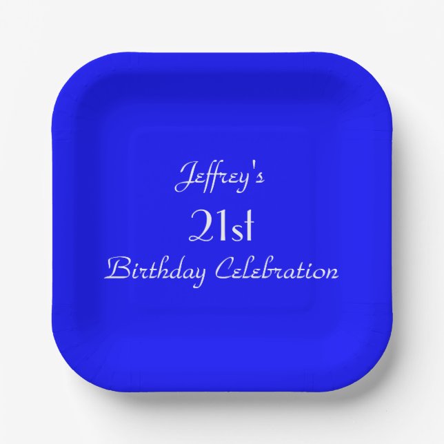 Bright Blue Paper Plates, 21st Birthday Party Plates (Front)