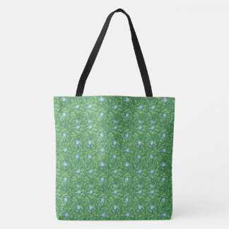 Bright Blue Periwinkle Flowers on Dark Green Tote Bag