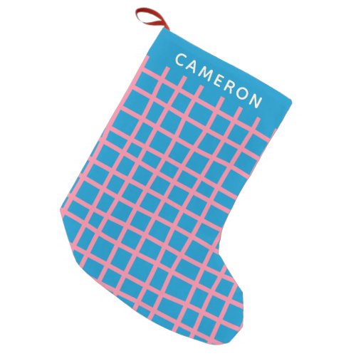 Bright Blue Pink Abstract Grid Lines Personalized  Small Christmas Stocking