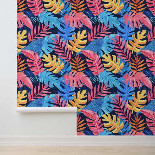 Bright Blue PinkYellow Summer Tropical Palm Leaves Wallpaper (Application)