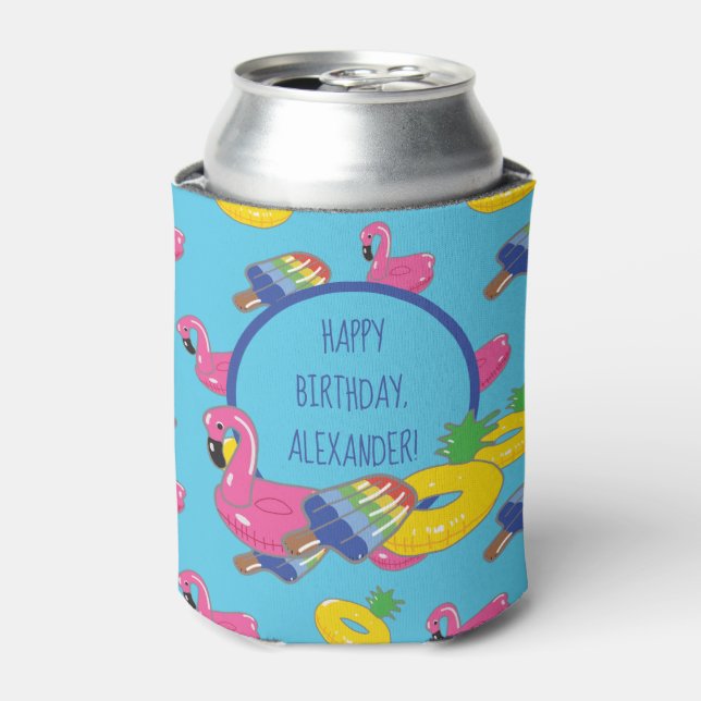 Bright Blue Pool Floats Pattern Personalized Can Cooler (Can Front)