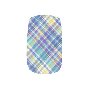 Bright Blue, Purple, Green, Yellow & White Plaid Minx Nail Art
