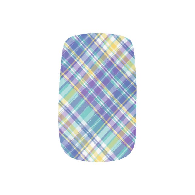 Bright Blue, Purple, Green, Yellow & White Plaid Minx Nail Art (Left Thumb)
