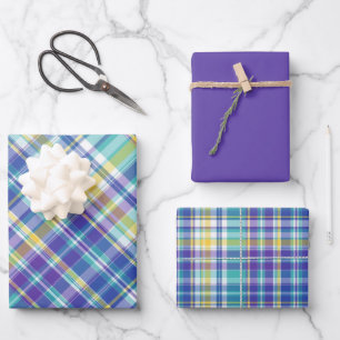 Bright Blue, Purple, Green, Yellow & White Plaid Wrapping Paper Sheets