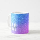 Bright Blue Purple Sparkly Glitter Ombre Monogram Coffee Mug (Front Left)