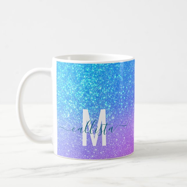 Bright Blue Purple Sparkly Glitter Ombre Monogram Coffee Mug (Left)