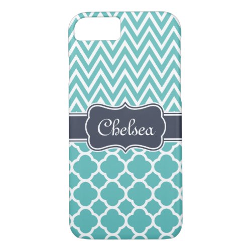 Bright Blue Quatrefoil Chevron Patterns Navy Name iPhone 87 Case