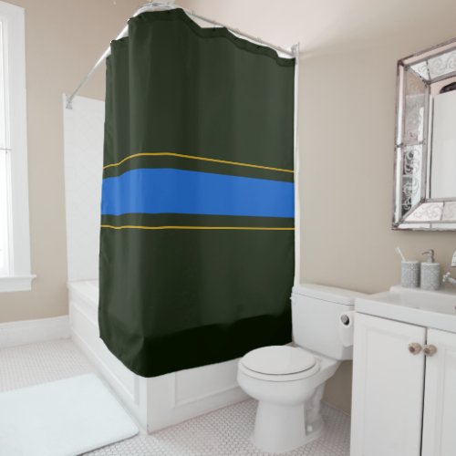 Bright Blue Racing Stripes On Deep Forest Green Shower Curtain