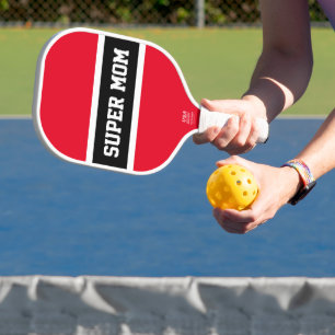 Bright Blue Red Black White Stripes SUPER MOM Text Carbon Fiber Pickleball Paddle