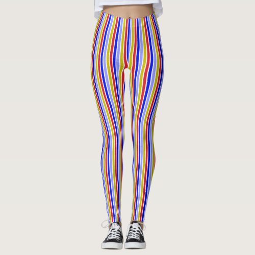 Bright Blue Red Gold Vertical Stripes Leggings