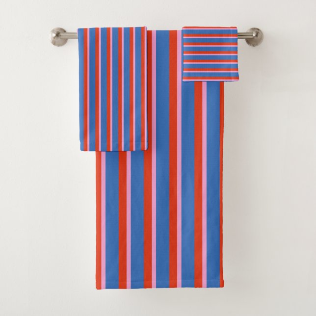 Bright Blue Red Pink Retro Stripe Pattern Bath Towel Set (Insitu)