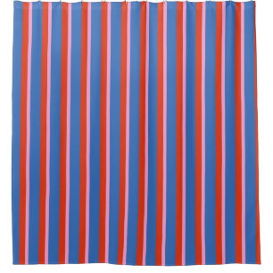 Bright Blue Red Pink Retro Stripe Pattern Shower Curtain