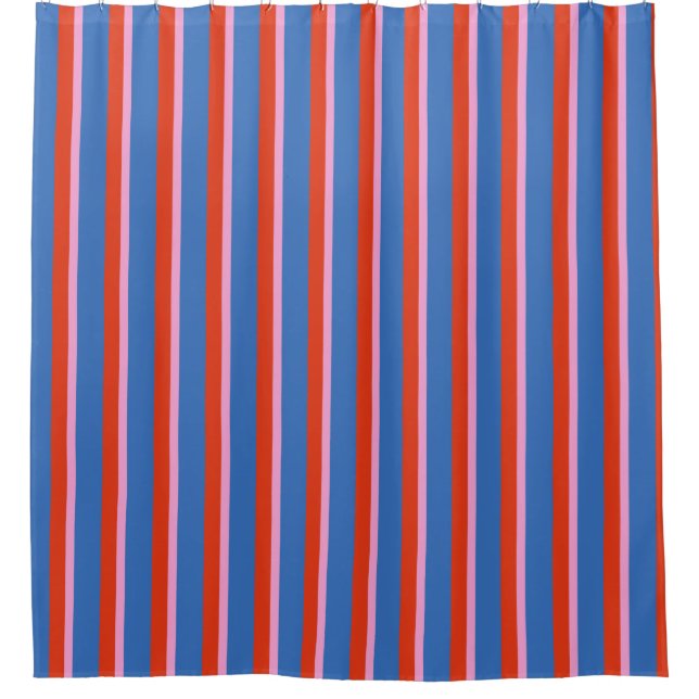 Bright Blue Red Pink Retro Stripe Pattern Shower Curtain (Front)