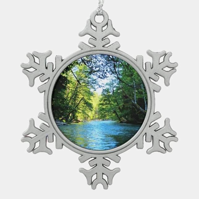 Bright Blue River Under Green Trees in Washington Snowflake Pewter Christmas Ornament (Front)