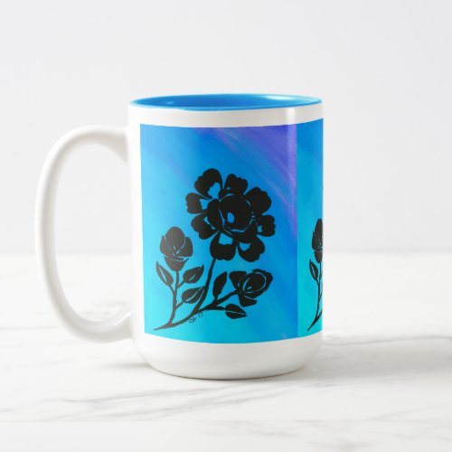 Bright Blue Rose Silhouette Art 15 oz Coffee Mug