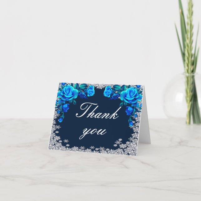 Bright Blue Rose Snowflake Christmas  Letterpress Thank You Card (Front)