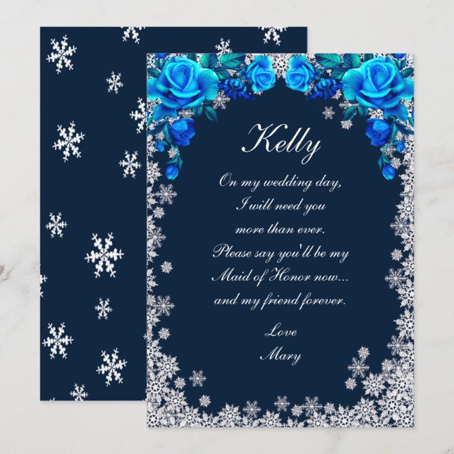 Bright Blue Rose Snowflake Christmas Maid Of Honor Invitation (Front/Back)