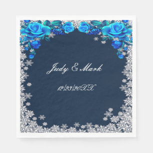 Bright Blue Roses Snowflake Christmas Napkins