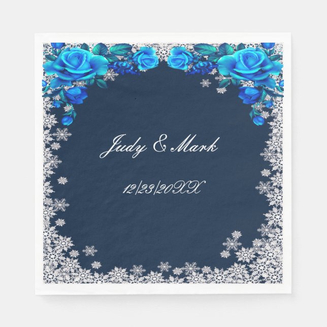 Bright Blue Roses Snowflake Christmas Napkins (Front)