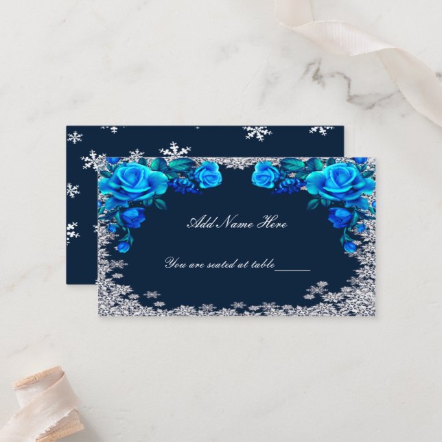 Bright Blue Roses Snowflake Christmas Place Card (Front/Back In Situ)