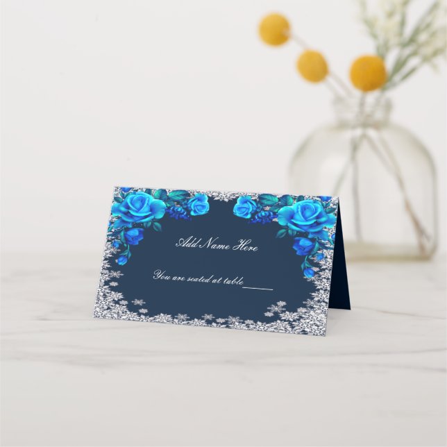 Bright Blue Roses Snowflake Christmas Place Card (Front)