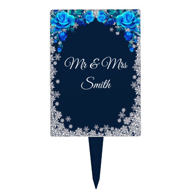 Bright Blue Roses Snowflake Christmas Wedding Cake Topper (Front)