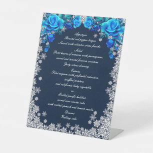 Bright Blue Roses Snowflake Christmas Wedding Menu Pedestal Sign