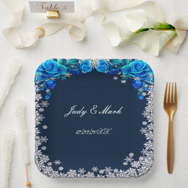 Bright Blue Roses Snowflake Christmas Wedding Paper Plates (Wedding)