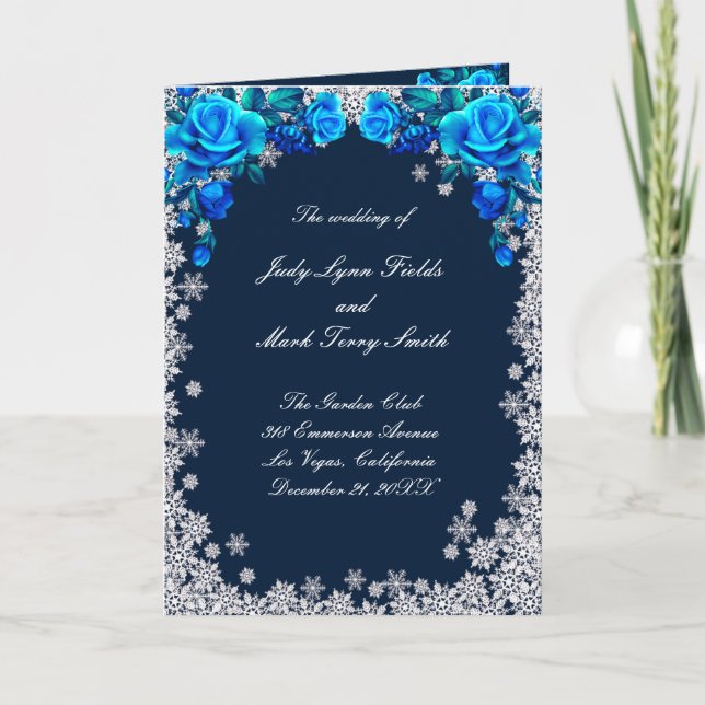 Bright Blue Roses Snowflake Christmas Wedding Program (Front)