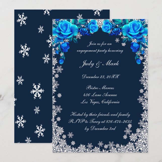 Bright Blue Roses Snowflake Engagement Party Invitation (Front/Back)