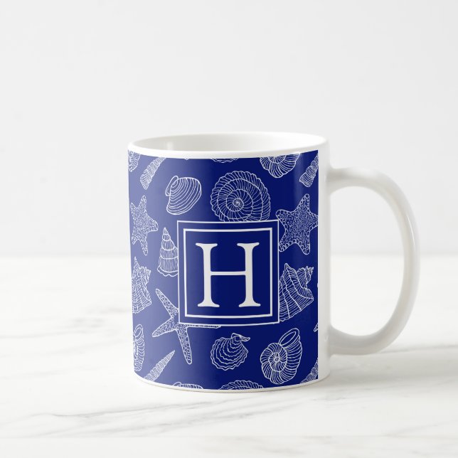 Bright Blue Shell Pattern | Add Your Initial Coffee Mug (Right)
