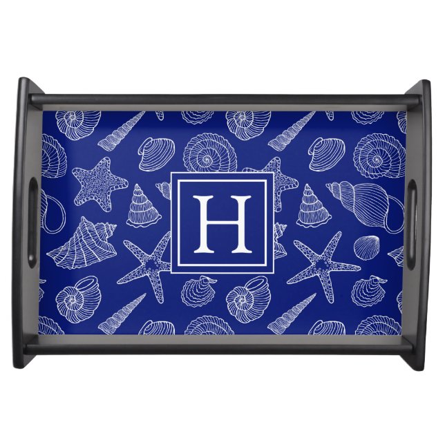 Bright Blue Shell Pattern | Add Your Initial Serving Tray (Front)