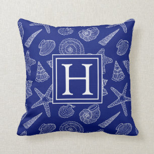 Bright Blue Shell Pattern   Add Your Initial Throw Pillow