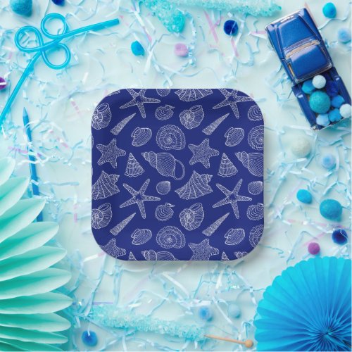 Bright Blue Shell Pattern Paper Plates