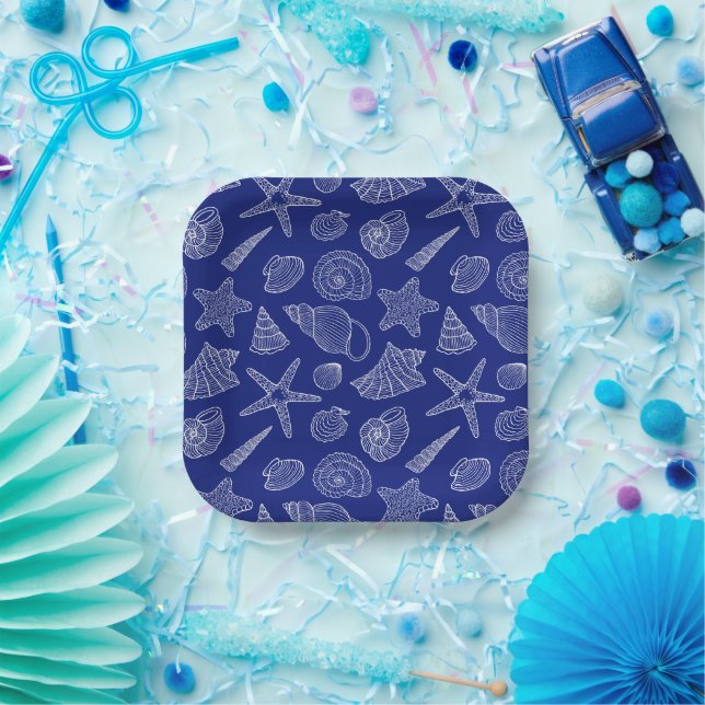 Bright Blue Shell Pattern Paper Plates (Party)
